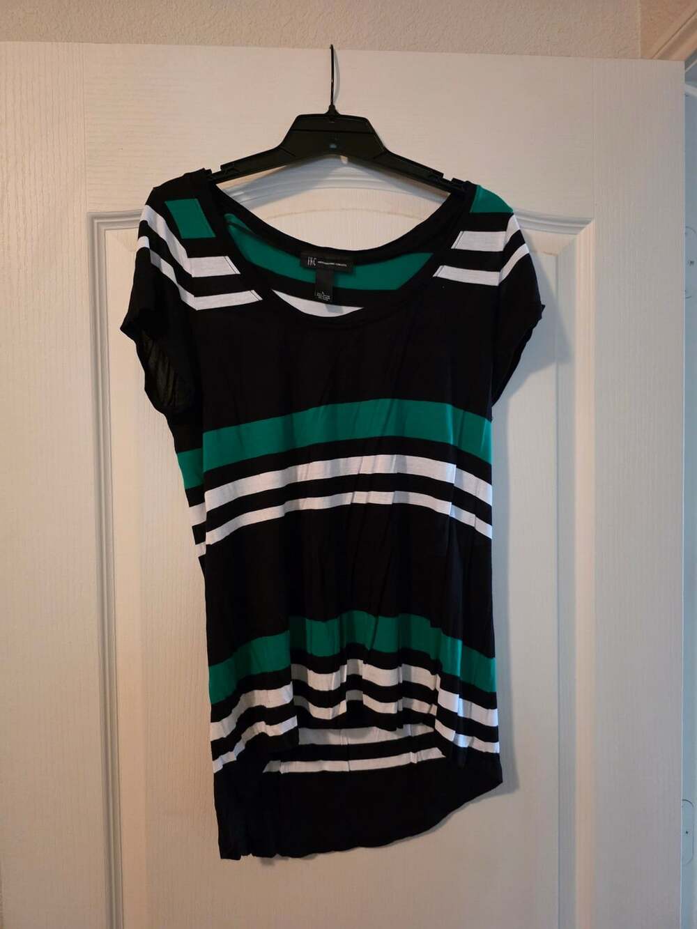 INC International Concepts Black Green White Striped Short Sleeve Top Large